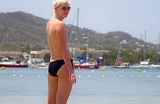 Blonde with huge nipples and tiny tits sunbathing topless