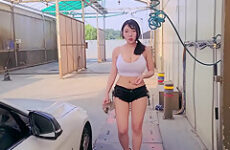 Sexy Korean Woman Washing Her Car