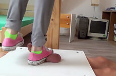 No mercy sneakers cockcrushing. Jump stomp trample full weight on cock ball